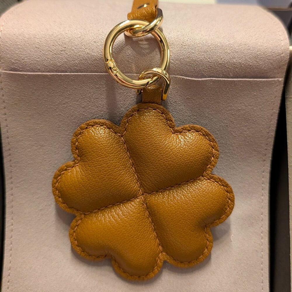 Charme Charm Leather Clover Bag Charm Brown Lucky 4 Leaf Handbag Charm Keychain